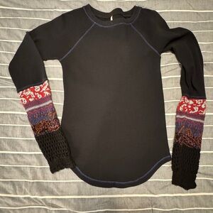 Free People Black Sweater with Multicolor Patterned Sleeves